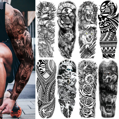 🖤 76 Sheets Large Black Temporary Tattoos – Tribal Wolves, Tigers, Lions, Snakes & Skulls