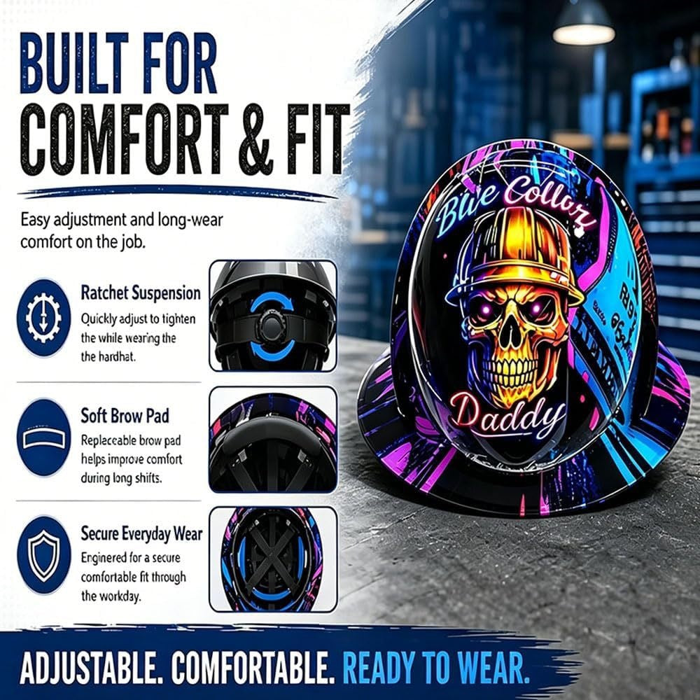 🔥 Blue Collar Daddy Hydro-Dipped Hard Hat | Industrial Rigid Impact-Resistant Safety Helmet with Full-Wrap Gloss Artwork
