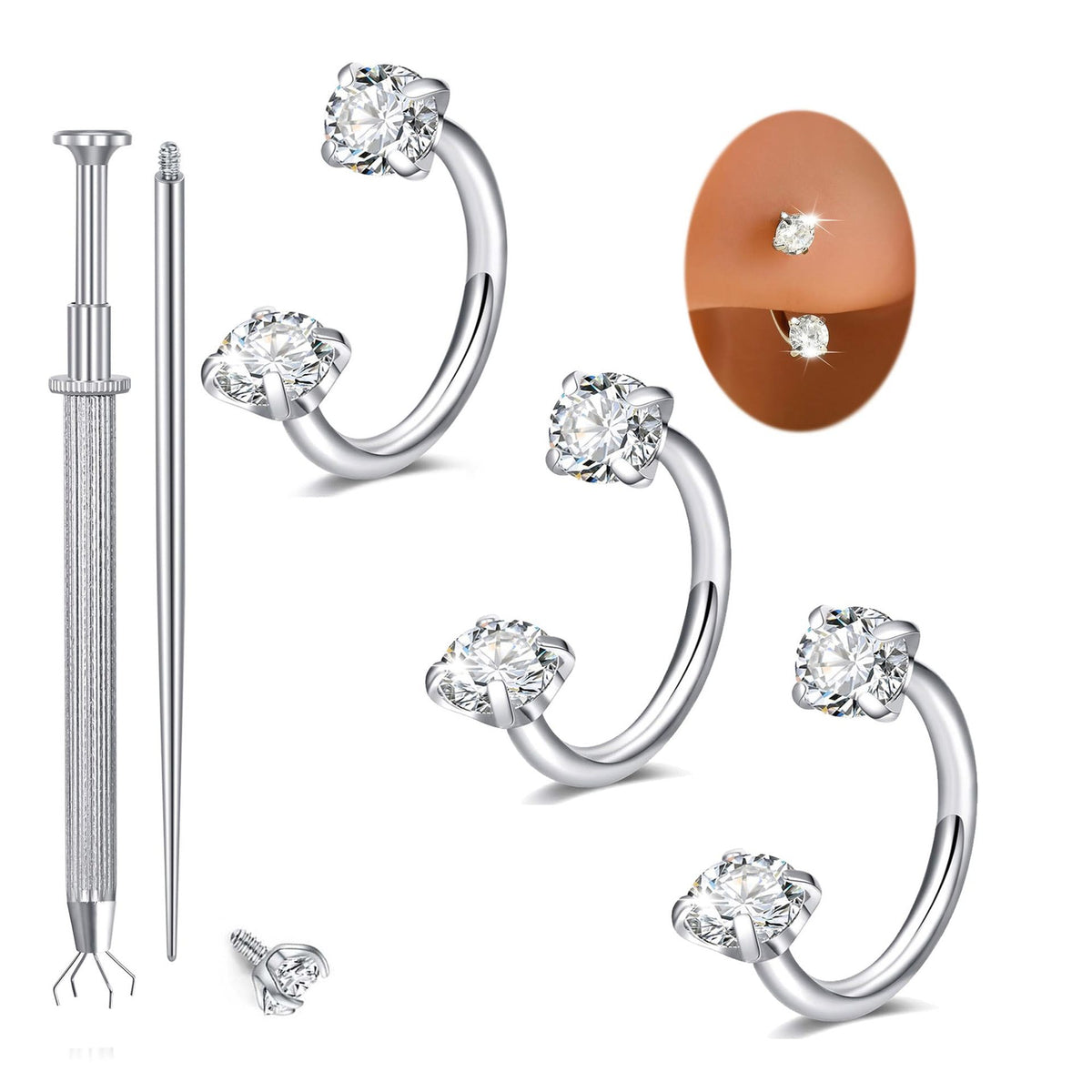 316L medical-grade titanium steel 18G 1.0mm Horseshoe Nose Hoop Internally Threaded Gems Nose Ring