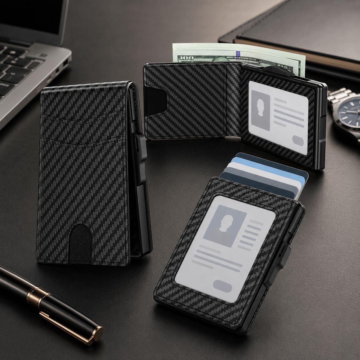 Modern Minimalist Pop-Up Wallet – RFID Blocking Aluminum Card Holder with Premium Leather, Quick Access Design & Cash Storage