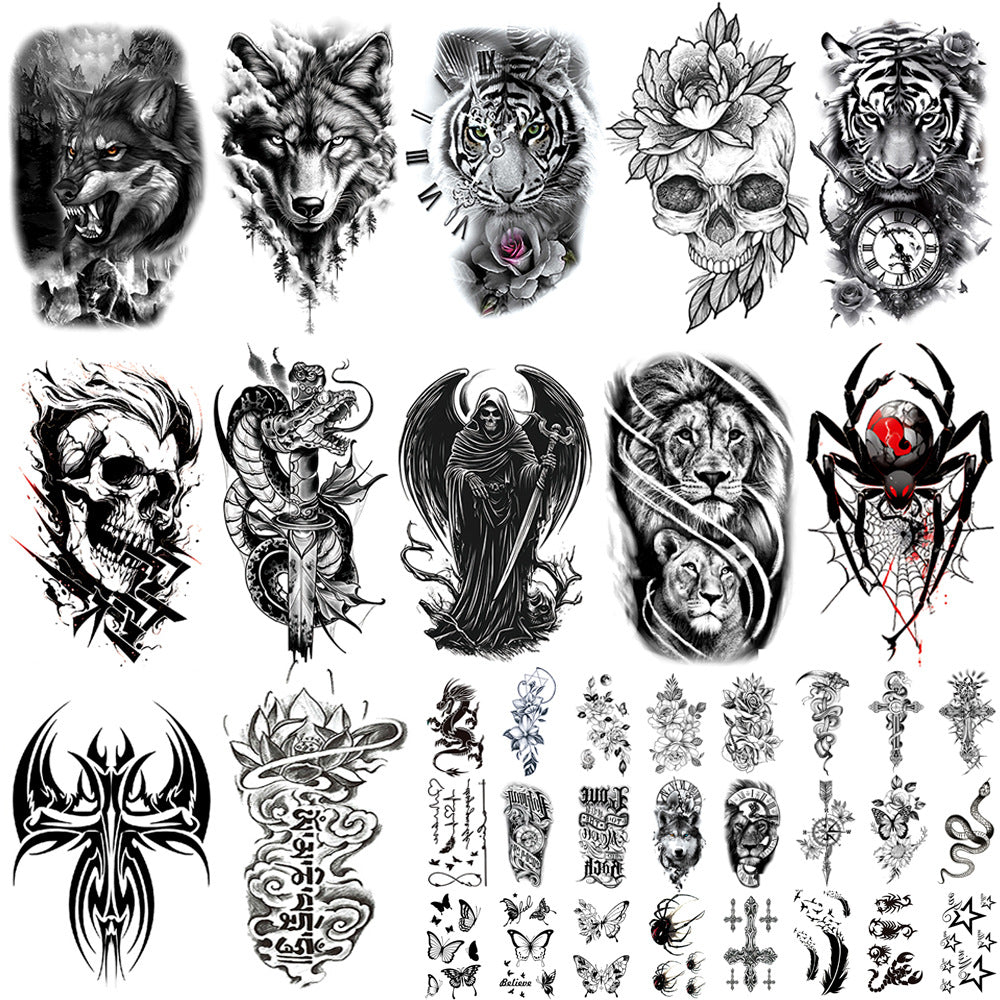 🖤 76 Sheets Large Black Temporary Tattoos – Tribal Wolves, Tigers, Lions, Snakes & Skulls