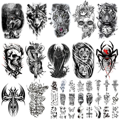 🖤 76 Sheets Large Black Temporary Tattoos – Tribal Wolves, Tigers, Lions, Snakes & Skulls