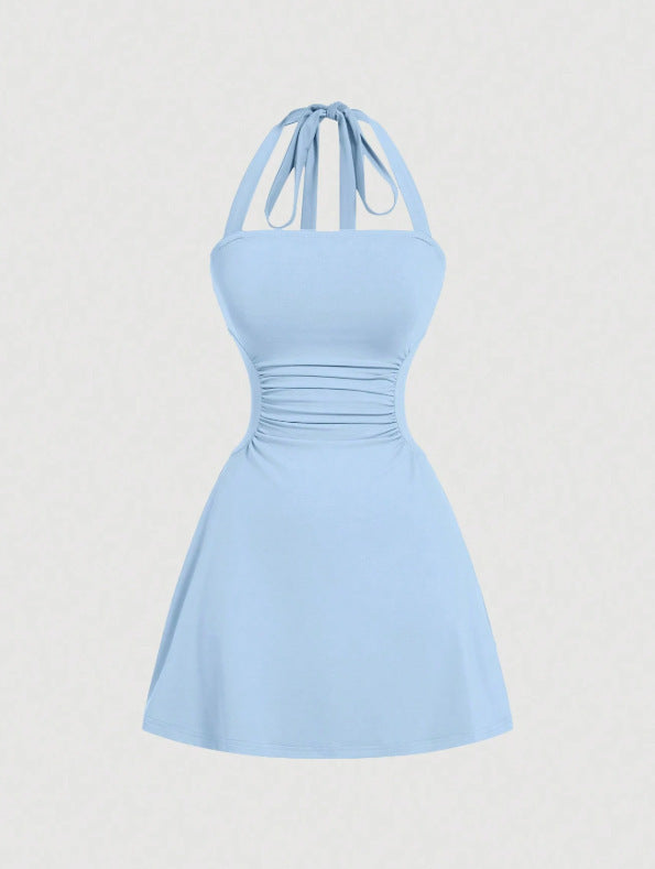 👗Women's Plain Ruched Tie Back Halter Neck Dress