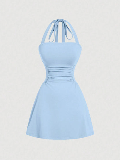 👗Women's Plain Ruched Tie Back Halter Neck Dress