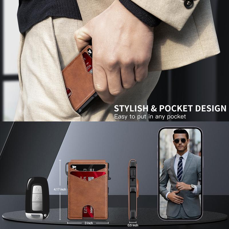 ✨男士钱包 - 带弹出式铝制外壳、钞票夹、超薄皮革卡槽、信用卡夹、RFID 防盗刷双折极简钱包