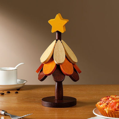 🎄 Christmas Tree Wooden Trivet Set – Foldable Hot Dish Mats with Decorative Star-Top Stand