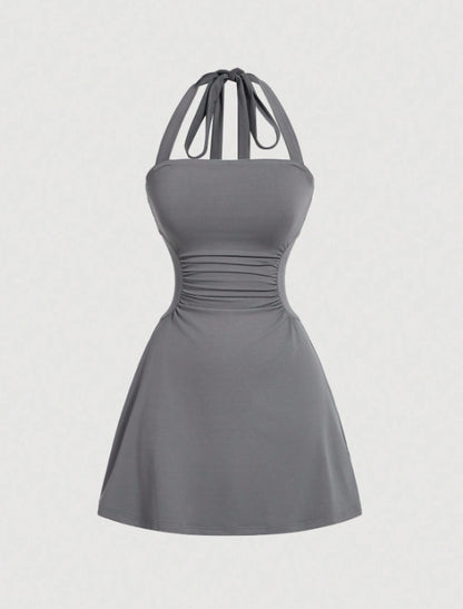 👗Women's Plain Ruched Tie Back Halter Neck Dress