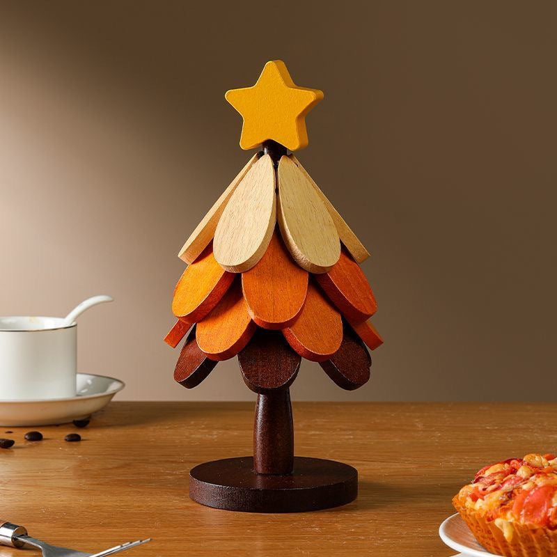 🎄 Christmas Tree Wooden Trivet Set – Foldable Hot Dish Mats with Decorative Star-Top Stand