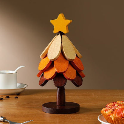🎄 Christmas Tree Wooden Trivet Set – Foldable Hot Dish Mats with Decorative Star-Top Stand