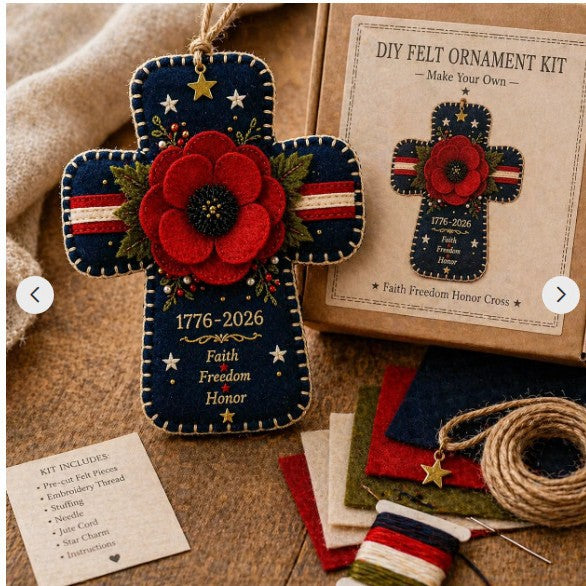Handmade America 250 Heart Ornament – Patriotic Fabric Decor with Poppy Flower (1776–2026 Anniversary Edition)
