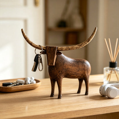 Vintage Wooden Cow Figurine with Metal Bell