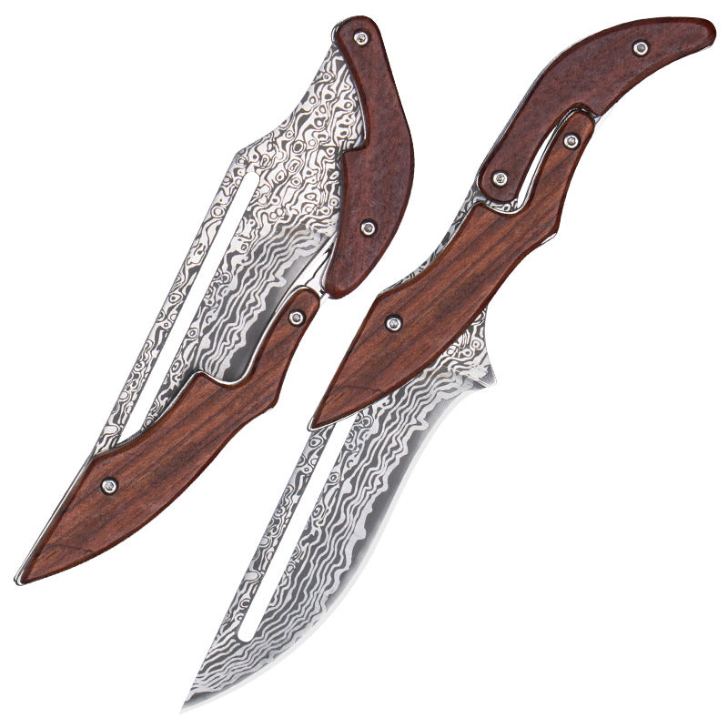 🔥Limited Time Discount 💥Artisan Wood Series: Unique Swing-Lock Folding Knife with Damascus-Style Blade🔪