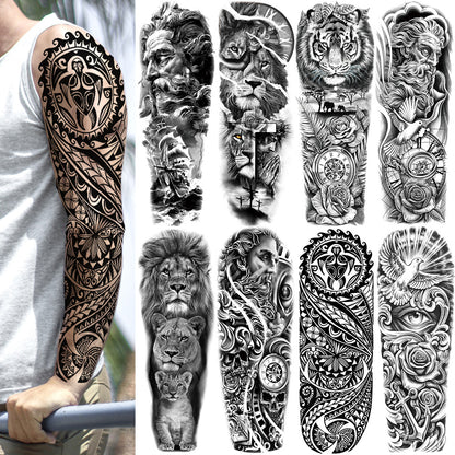 🖤 76 Sheets Large Black Temporary Tattoos – Tribal Wolves, Tigers, Lions, Snakes & Skulls
