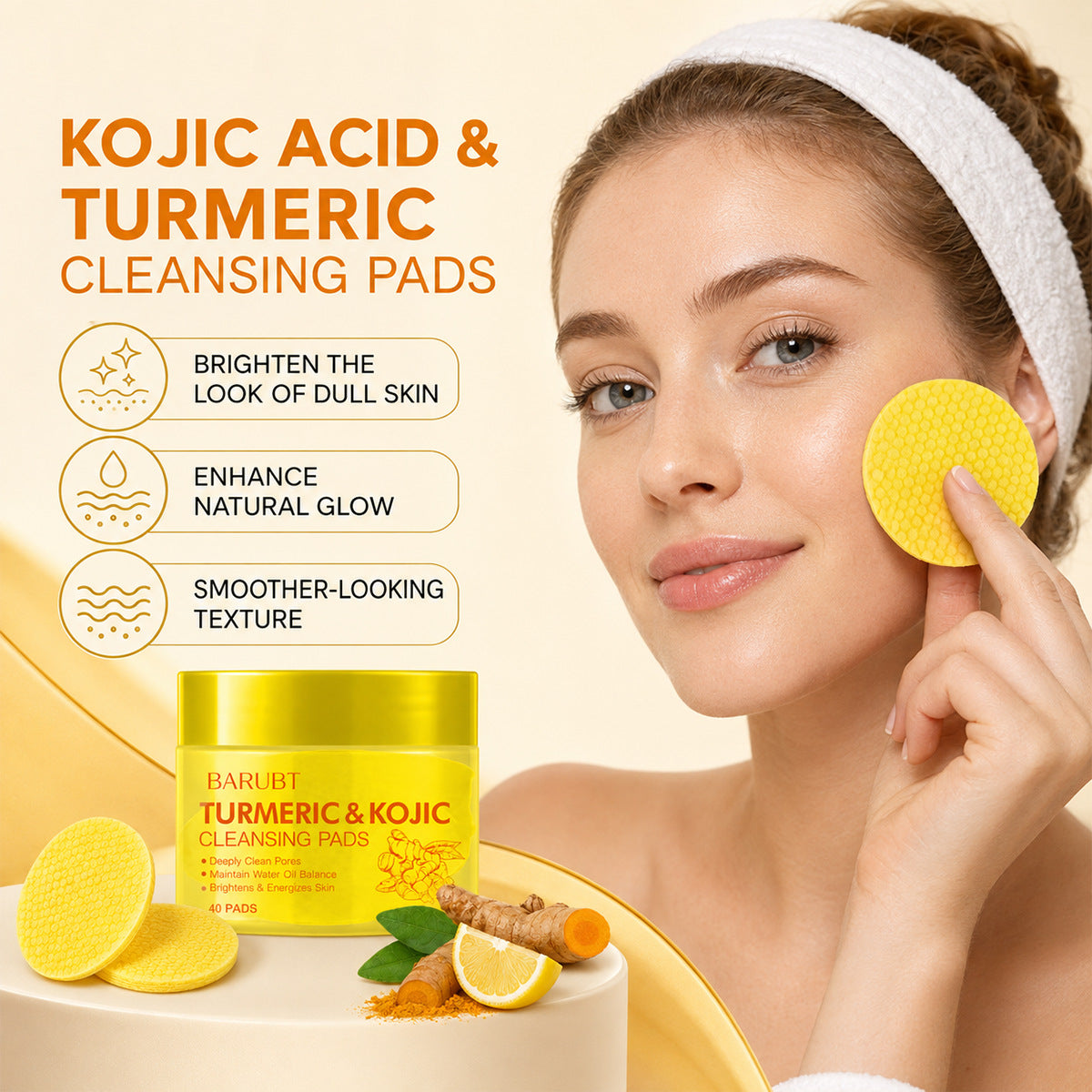 ✨ 50% OFF Turmeric Kojic Acid Cleansing Pads 🌿 Deep Clean Makeup Remover Pads For Brighter Skin
