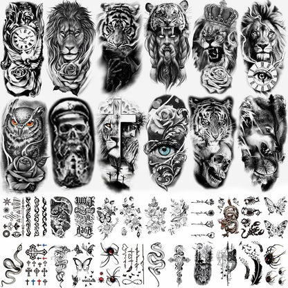 🖤 76 Sheets Large Black Temporary Tattoos – Tribal Wolves, Tigers, Lions, Snakes & Skulls