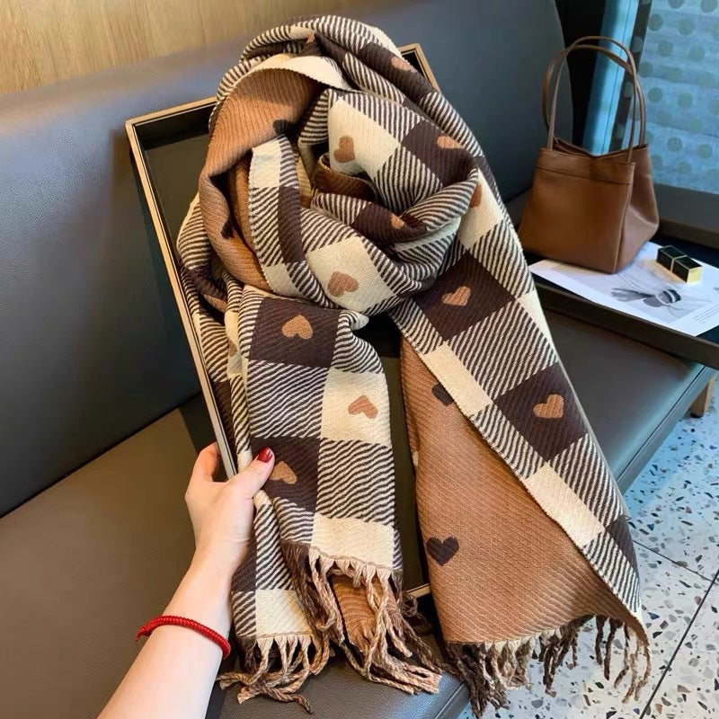 Plaid & Heart Pattern Tassel Decor Shawl