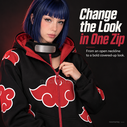 Anime Ninja Red Cloud Full-Zip Hoodie with Face Cover, Black Gothic Streetwear Jacket