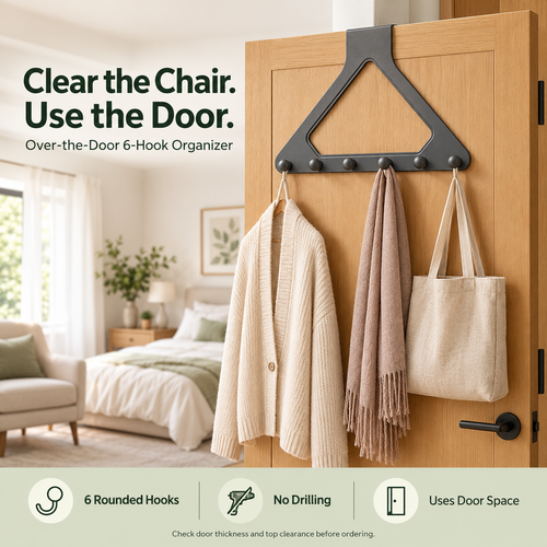 6-Hook Over-the-Door Organizer – No-Drill Space-Saving Hanging Rack ✨