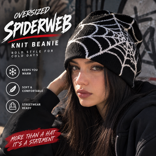 🕸️Oversized Spiderweb Knit Beanie – Bold Contrast Streetwear Winter Hat