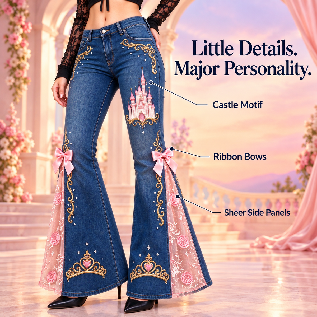 ✨PrincessLace Fairytale Flare Jeans with Lace Panels & Ribbon Bows 🎀