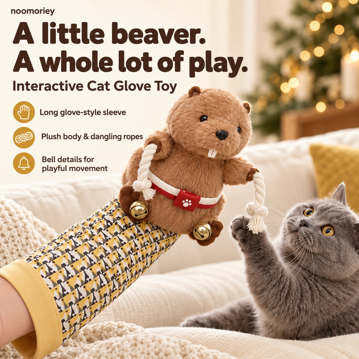 Interactive Beaver Cat Glove Toy – Plush Hand Puppet with Dangling Ropes & Jingle Bells 🐾