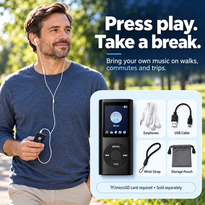 Man enjoying offline music on a park walk with the compact MP3 player