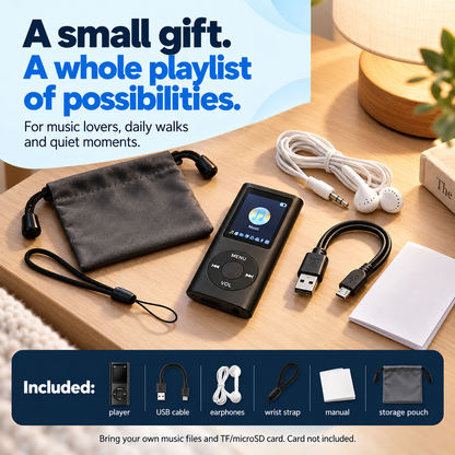 Pocket MP3 player with included USB cable, earphones, wrist strap, manual and storage pouch