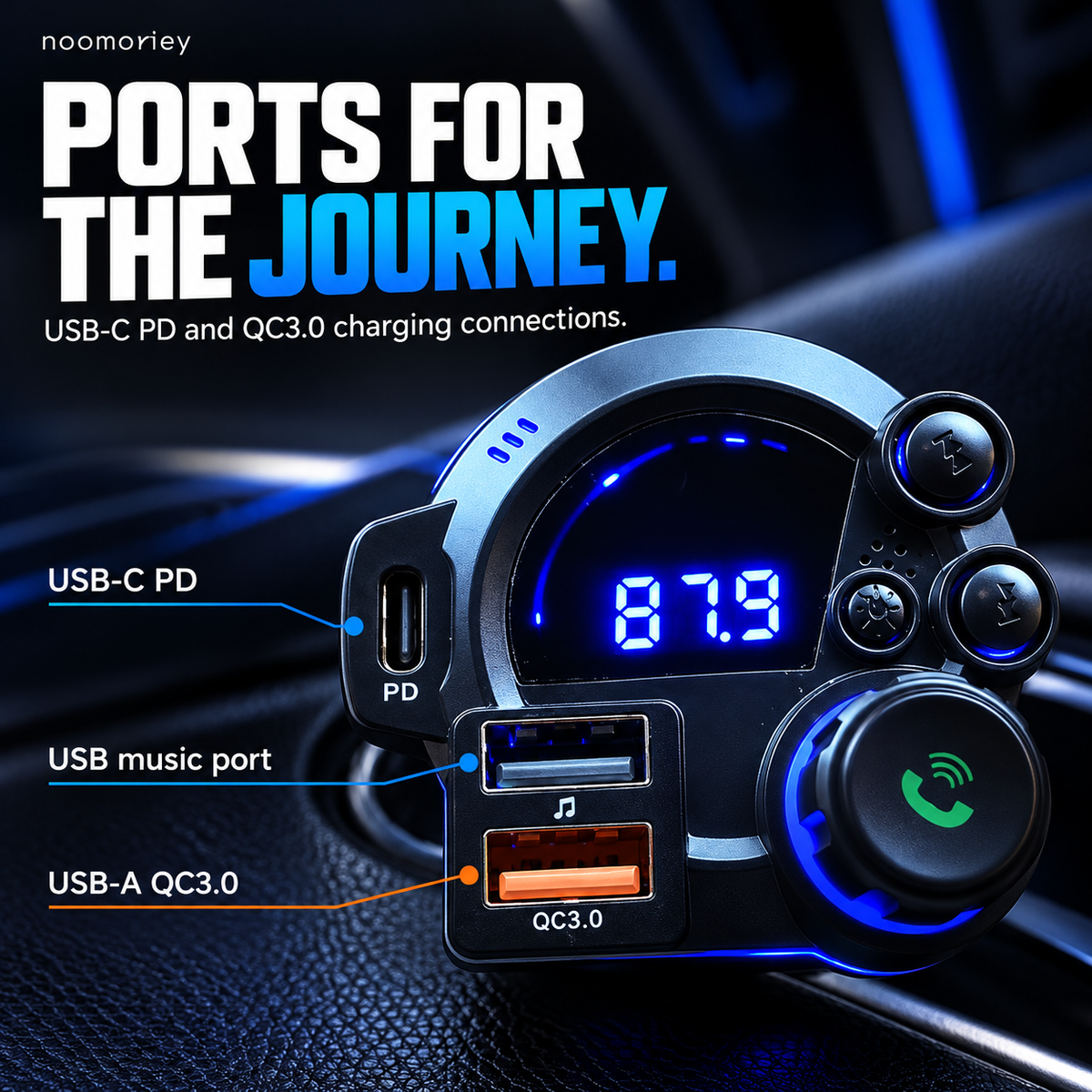Bluetooth FM Transmitter for Car, Wireless Audio Adapter with Hands-Free Calling, USB-C PD & QC3.0 Fast Charging