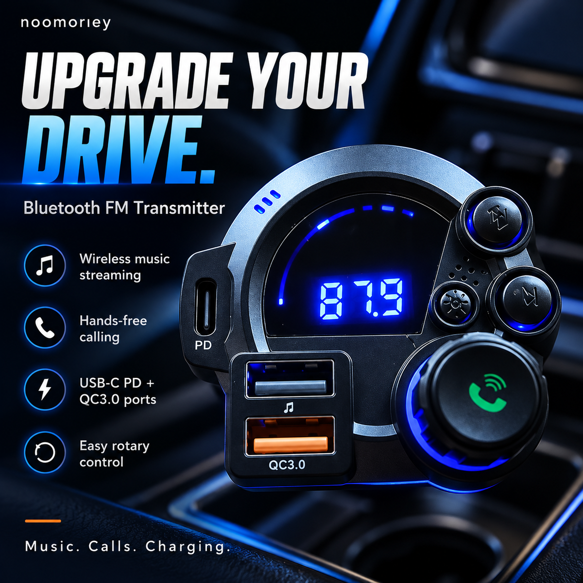 Bluetooth FM Transmitter for Car, Wireless Audio Adapter with Hands-Free Calling, USB-C PD & QC3.0 Fast Charging
