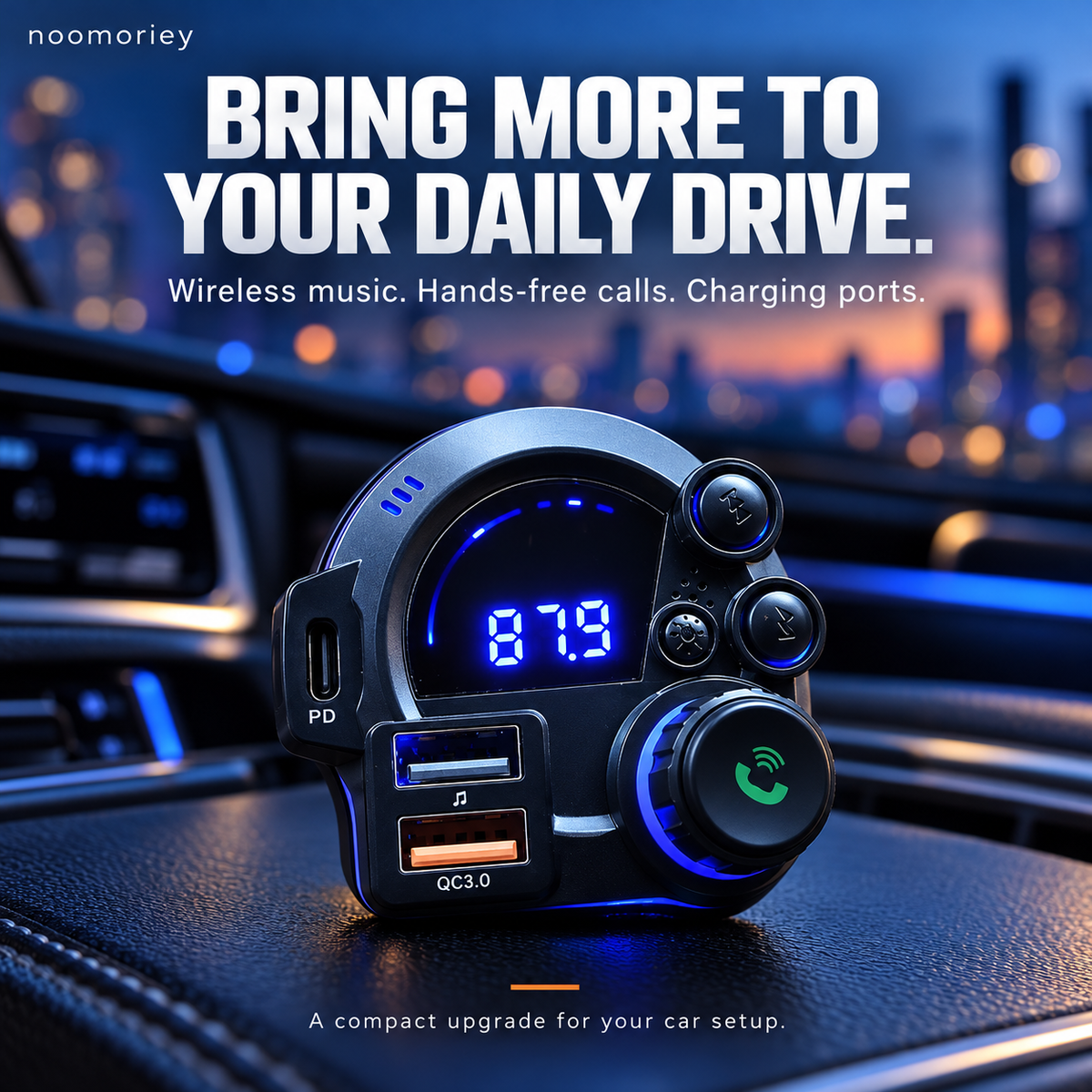 Bluetooth FM Transmitter for Car, Wireless Audio Adapter with Hands-Free Calling, USB-C PD & QC3.0 Fast Charging