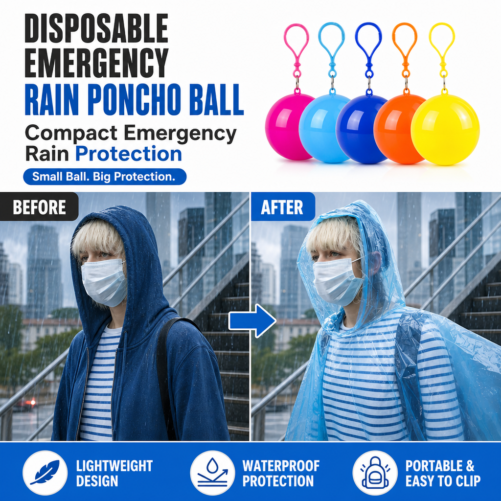 🌧️ Compact Emergency Rain Poncho Ball⚡ – Clip-On Disposable Waterproof Poncho