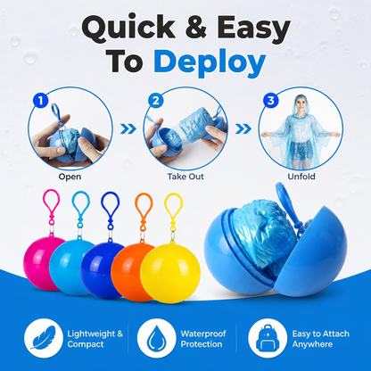 🌧️ Compact Emergency Rain Poncho Ball⚡ – Clip-On Disposable Waterproof Poncho