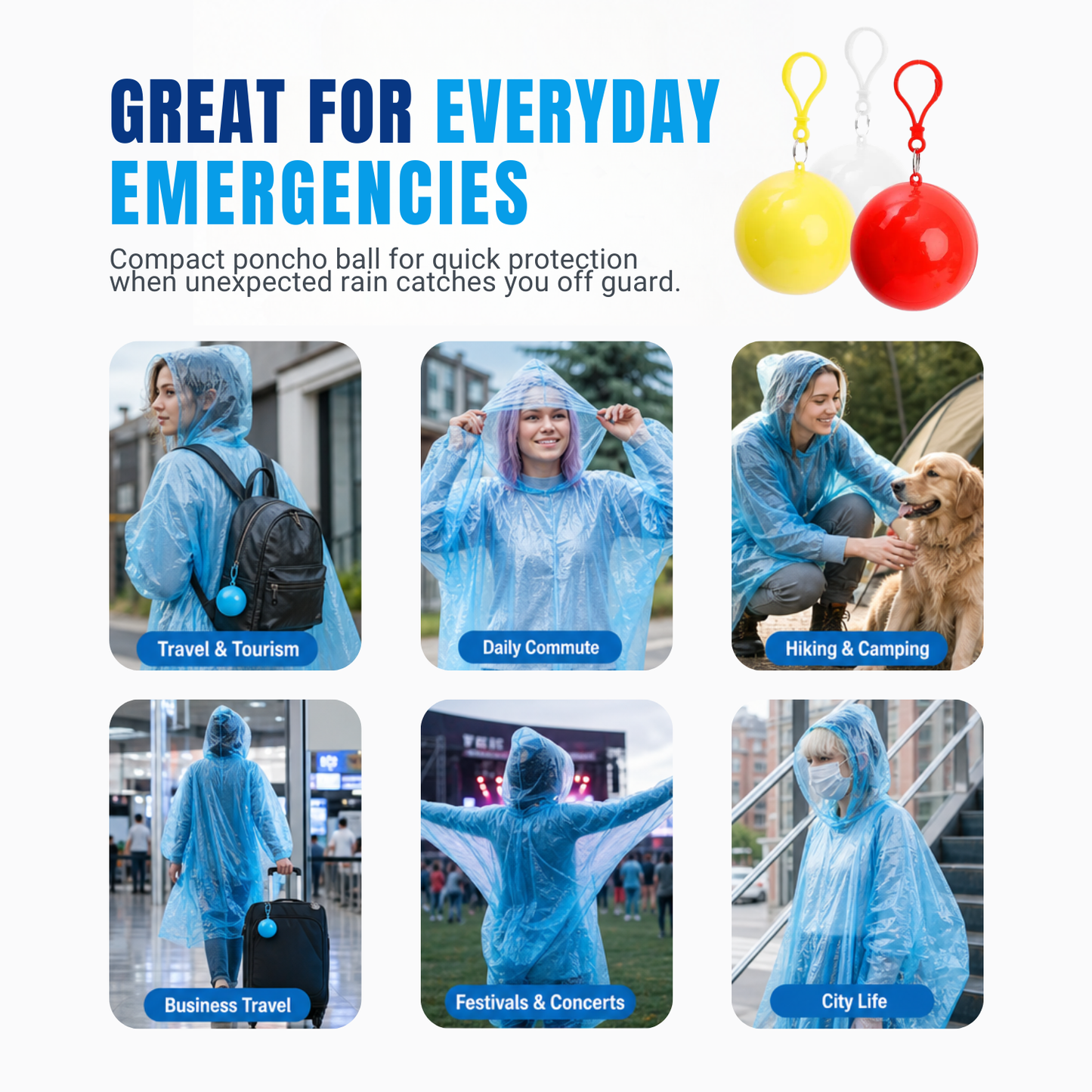 🌧️ Compact Emergency Rain Poncho Ball⚡ – Clip-On Disposable Waterproof Poncho
