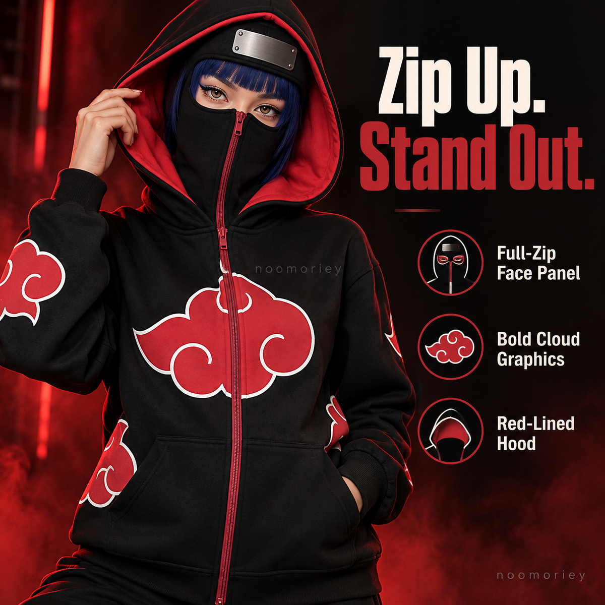 Anime Ninja Red Cloud Full-Zip Hoodie with Face Cover, Black Gothic Streetwear Jacket