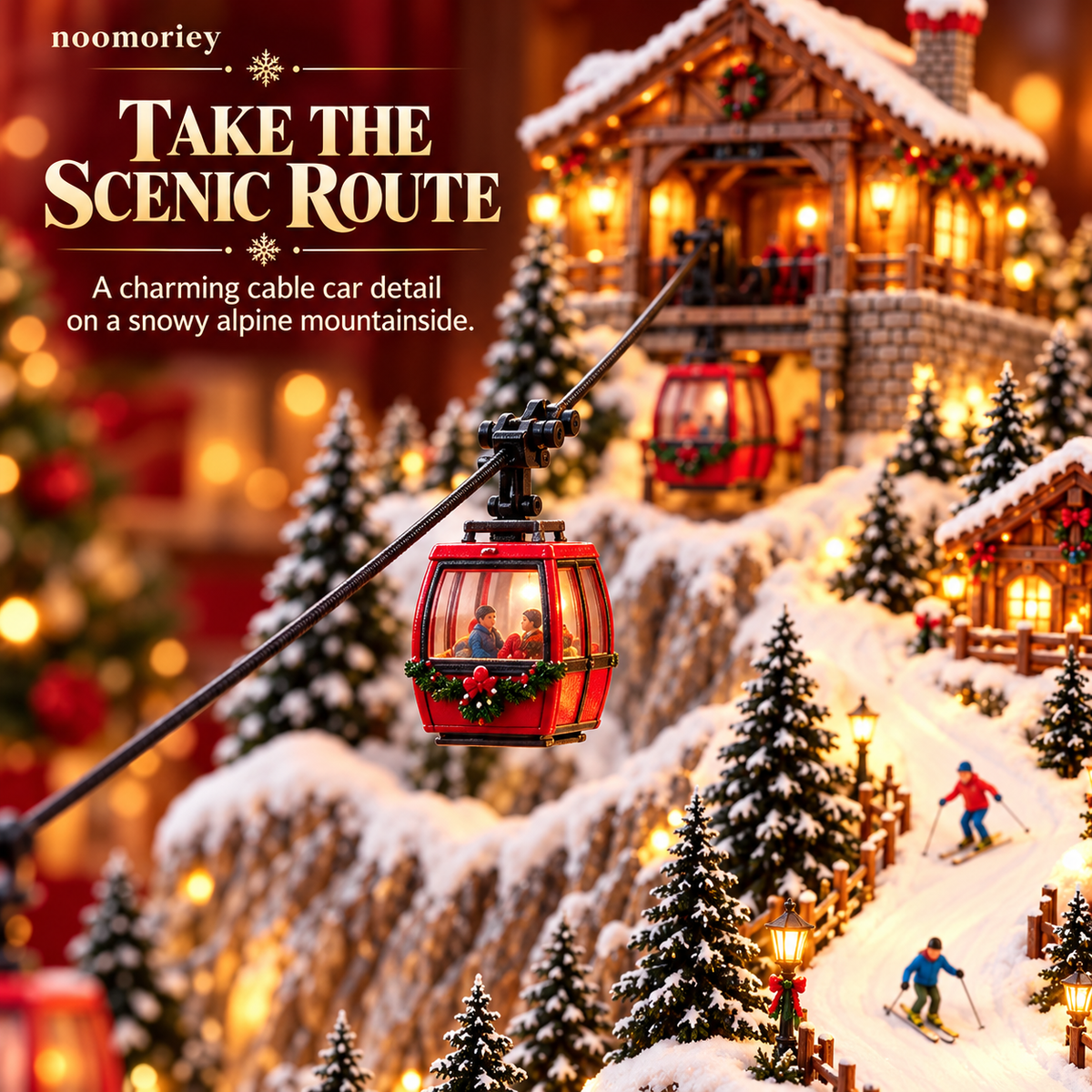 Animated Christmas Mountain Cable Car & Ski Village Scene