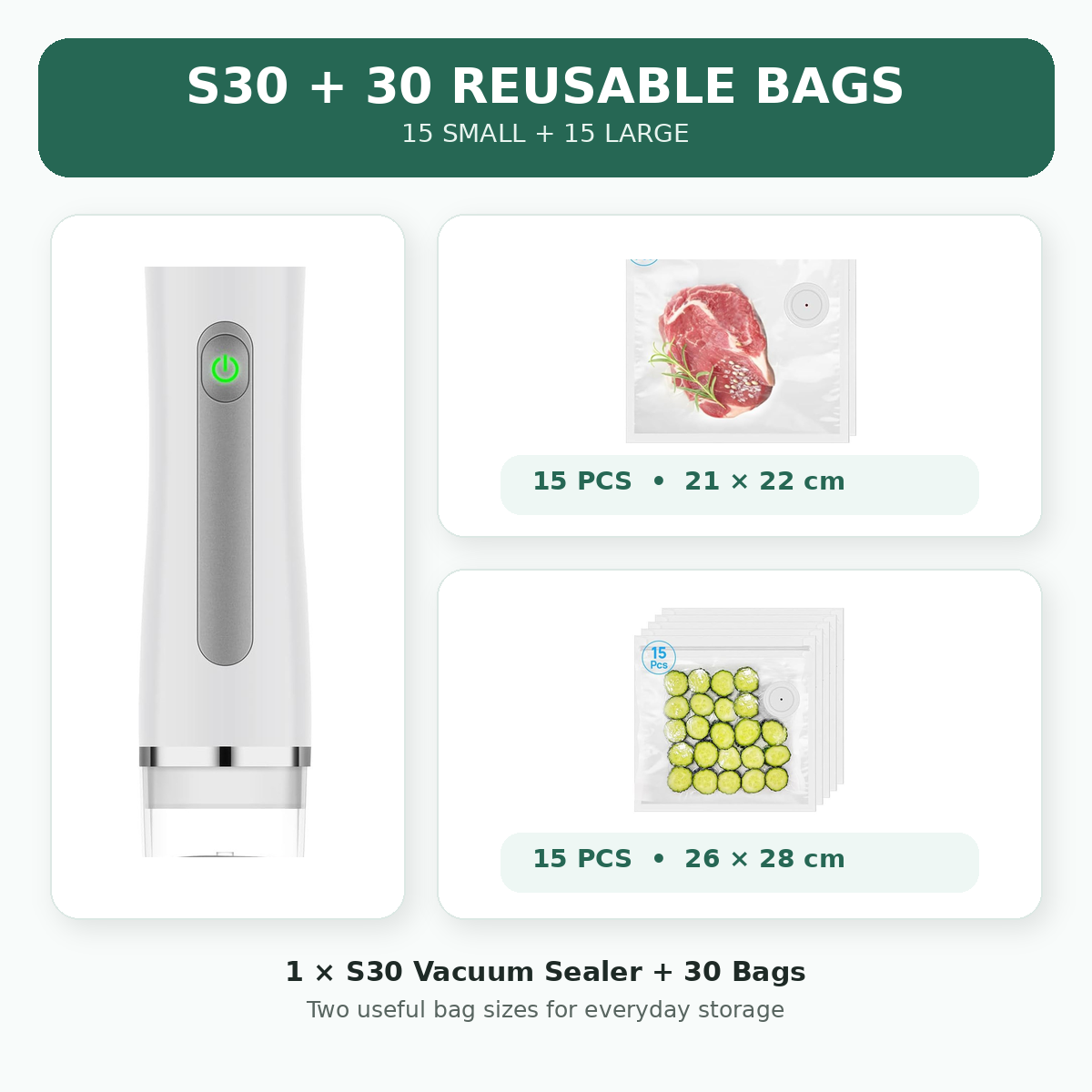 Vacuum Sealer for Food with Visible Water Tank, 30 Reusable Bags