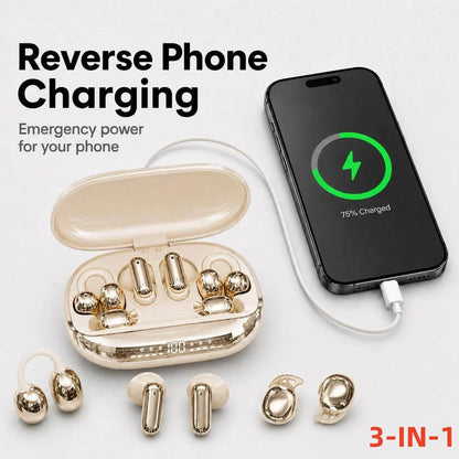 GT699S Bluetooth Wireless Earbuds with Chargeable Power Bank Case, 6 Earbuds, Clip-On Design, Noise Cancellation, Water Resistant, Reverse Phone Charging, Audio for Sports & Sleep, Android & iOS Compatible