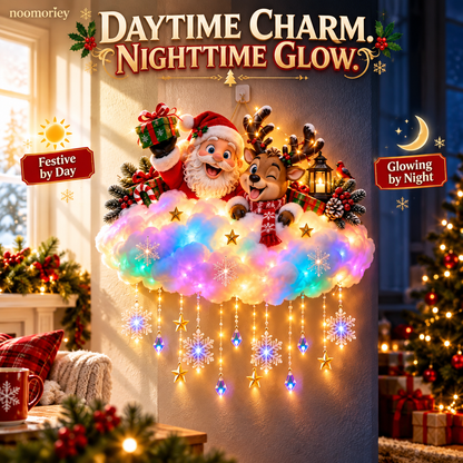 🎅 Santa & Reindeer Christmas Cloud Light – Colorful Glow with Hanging Stars & Snowflakes