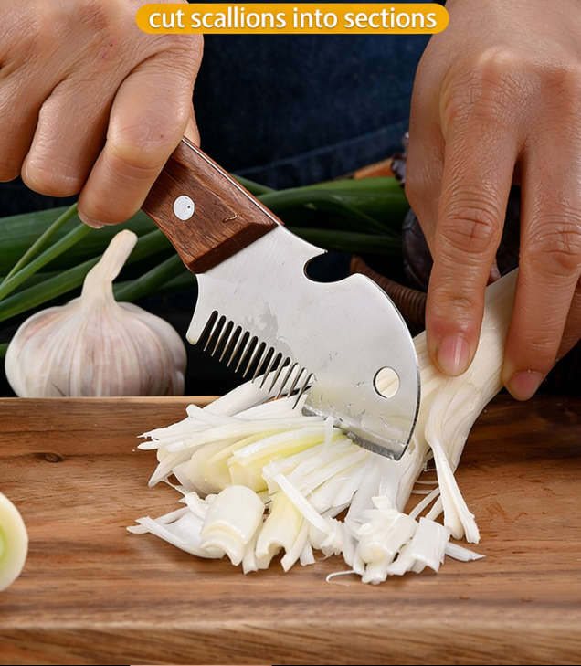 Wooden Handle Scallion Slicer, 3-in-1 Multifunctional Kitchen Cutter