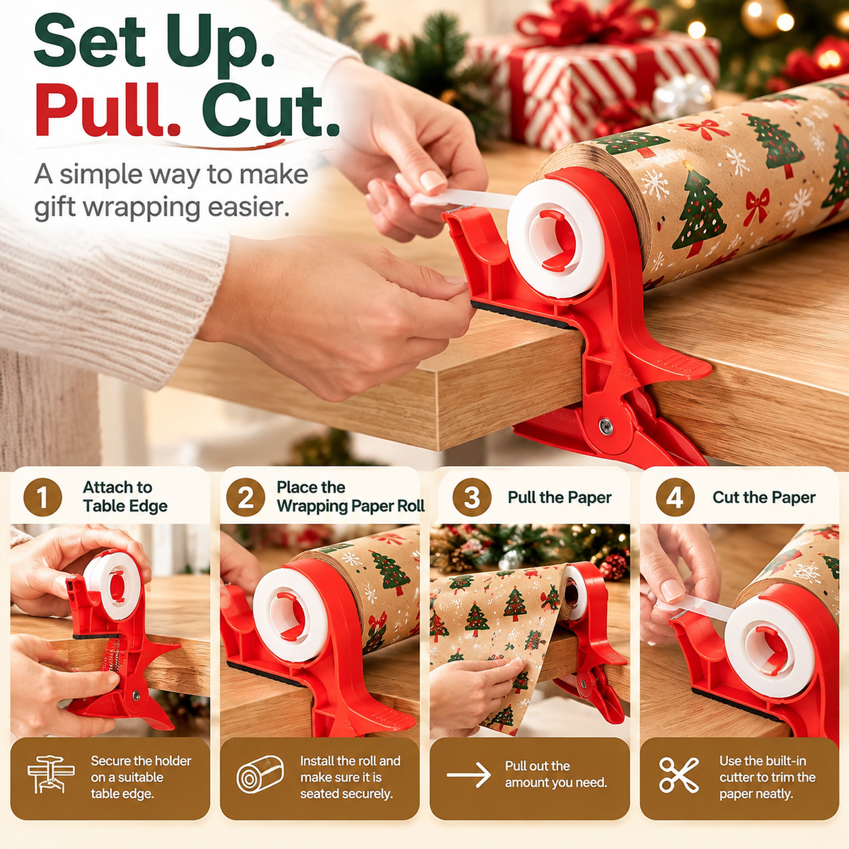 🎁 2PCS Tabletop Wrapping Paper Holder & Cutter – Easy Gift Wrapping Station for Christmas & Birthdays