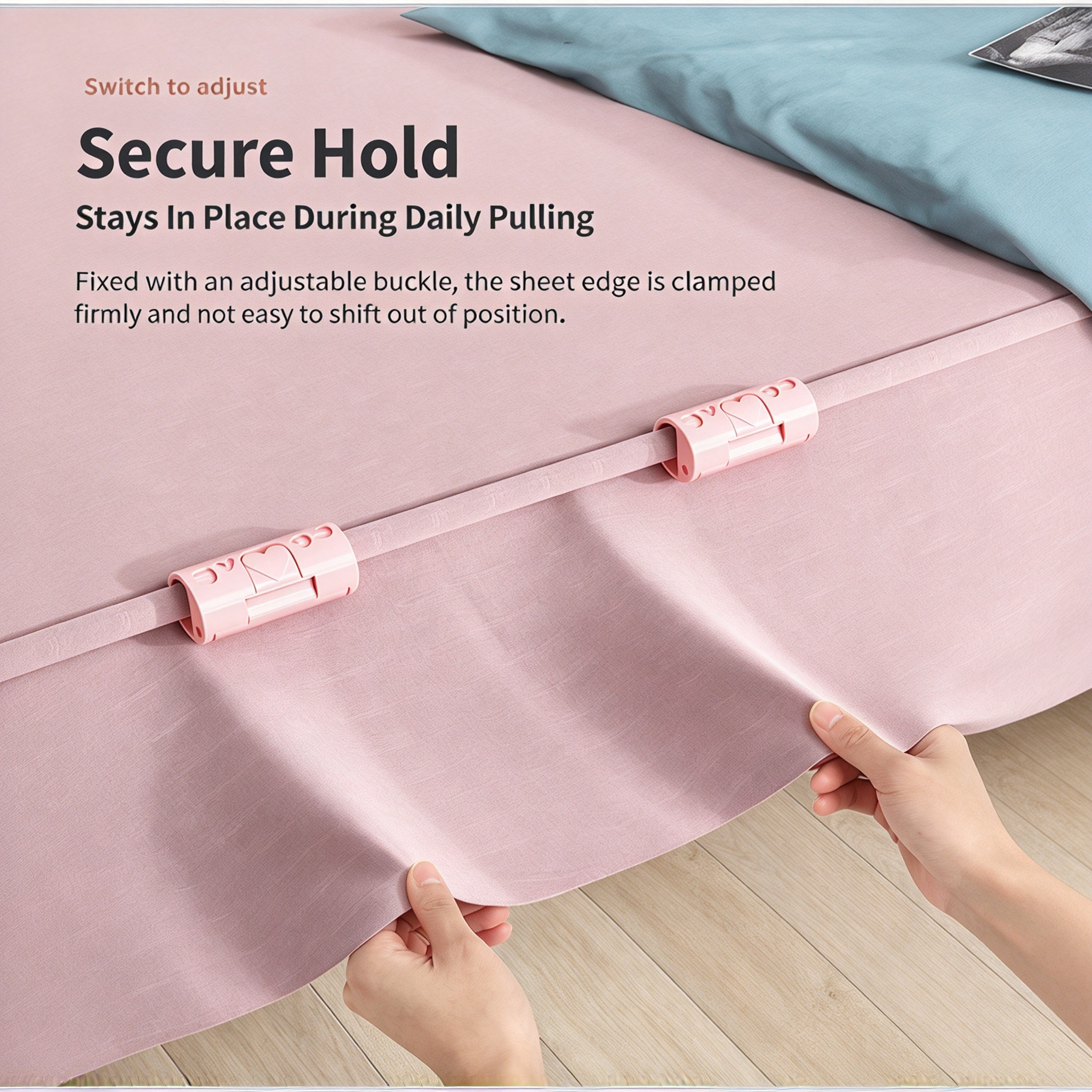 Close view of needle-free adjustable sheet clip lock
