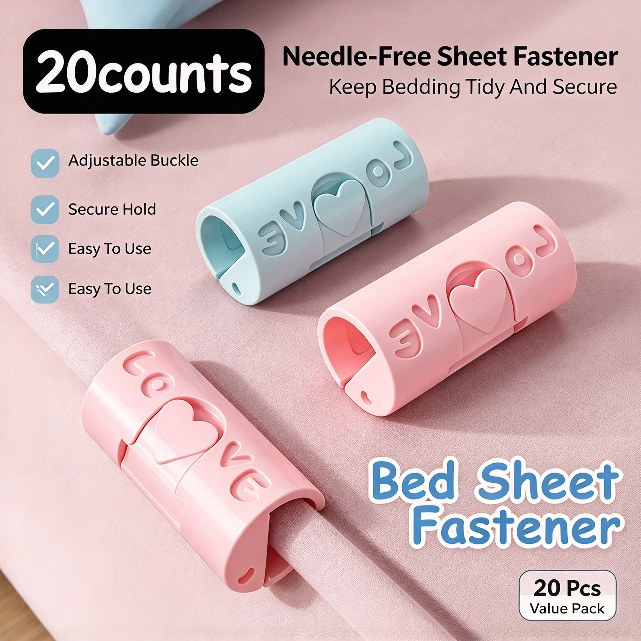 Adjustable bedding clips shown with fitted bed sheets