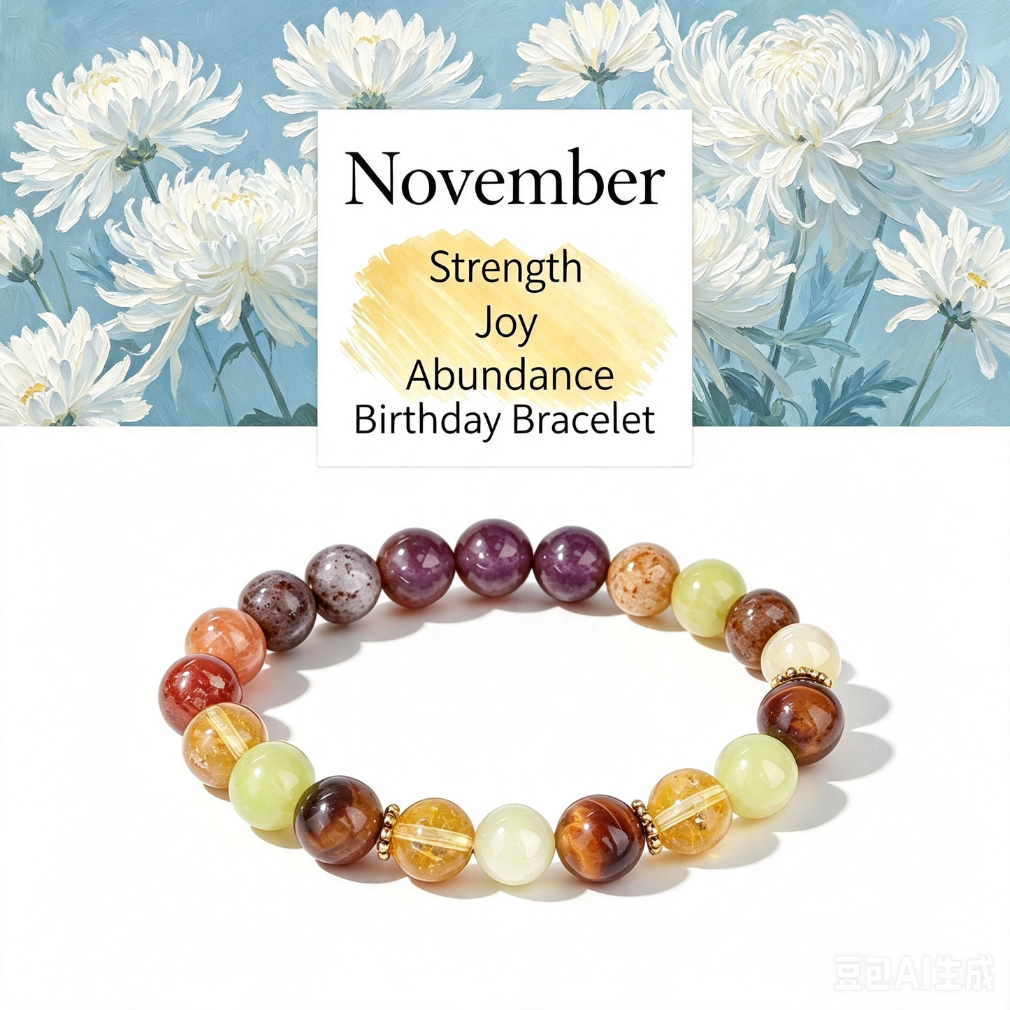 Birthstone Crystal Bracelet | Anxiety Healing Floral Monthly Gift with Card
