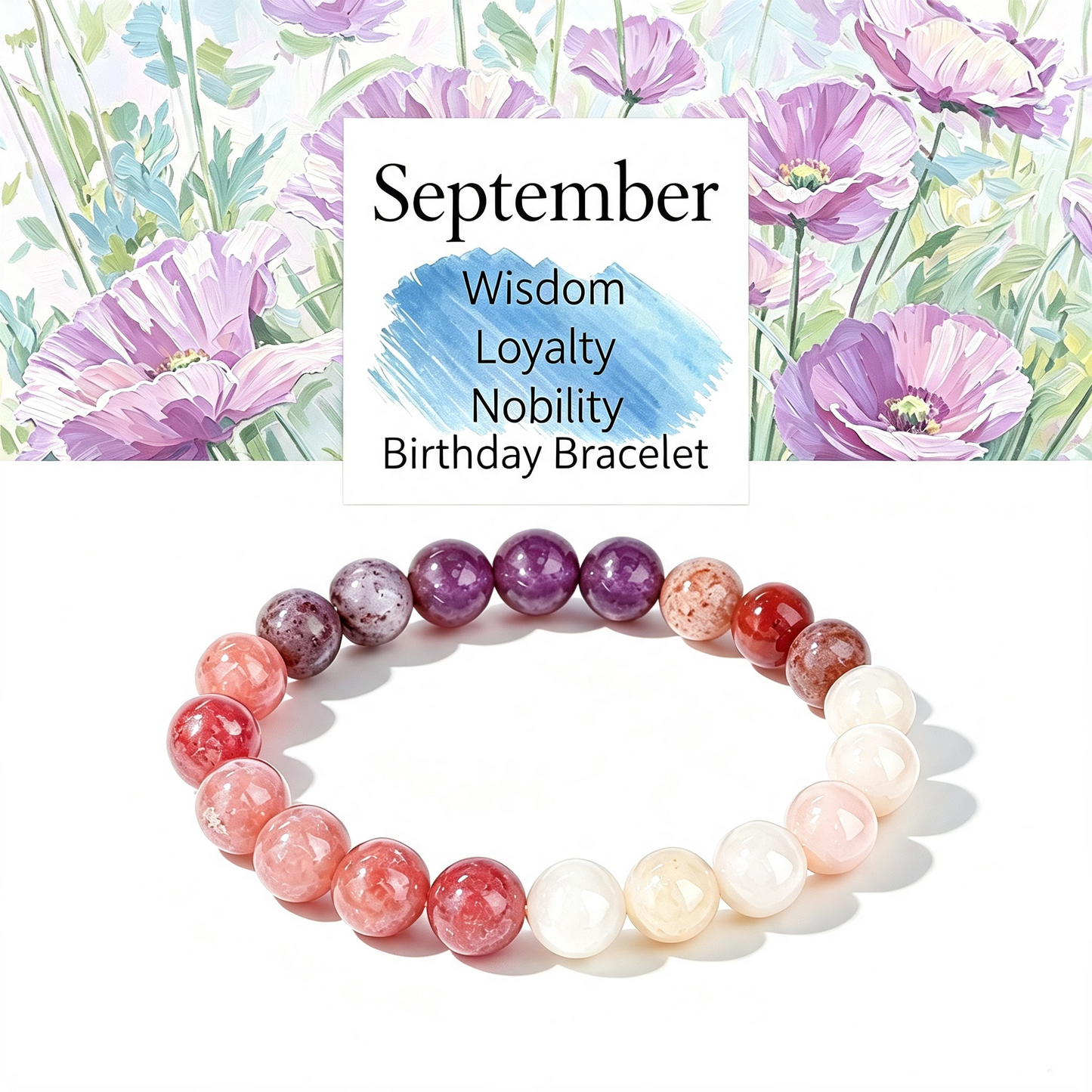 Birthstone Crystal Bracelet | Anxiety Healing Floral Monthly Gift with Card