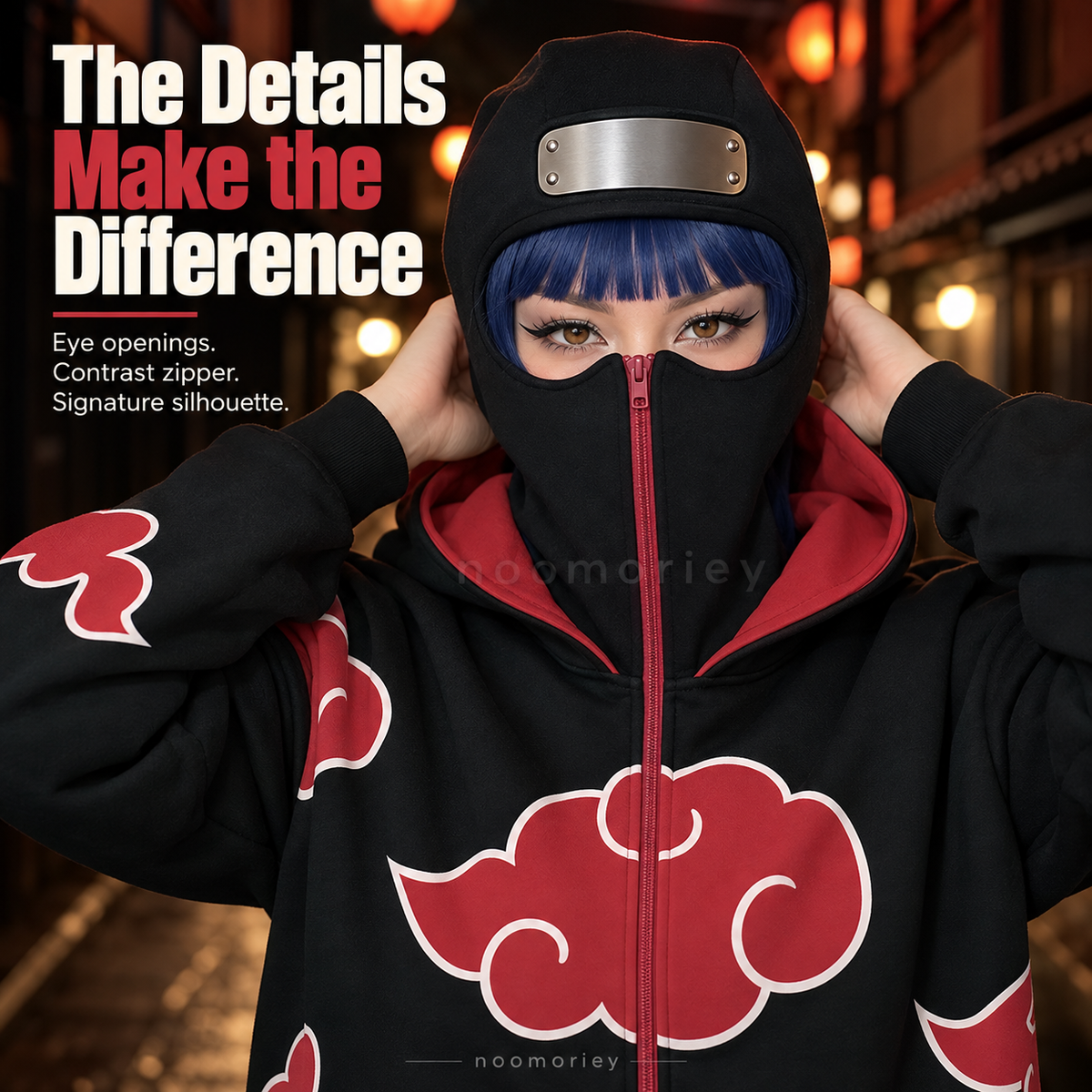 Anime Ninja Red Cloud Full-Zip Hoodie with Face Cover, Black Gothic Streetwear Jacket