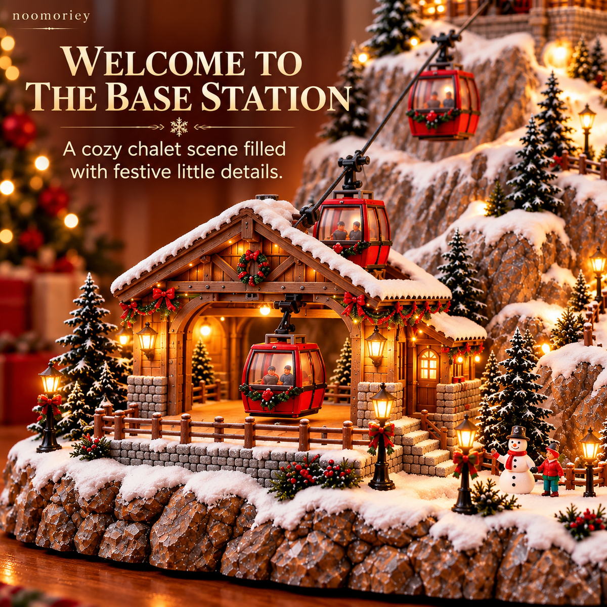 Animated Christmas Mountain Cable Car & Ski Village Scene