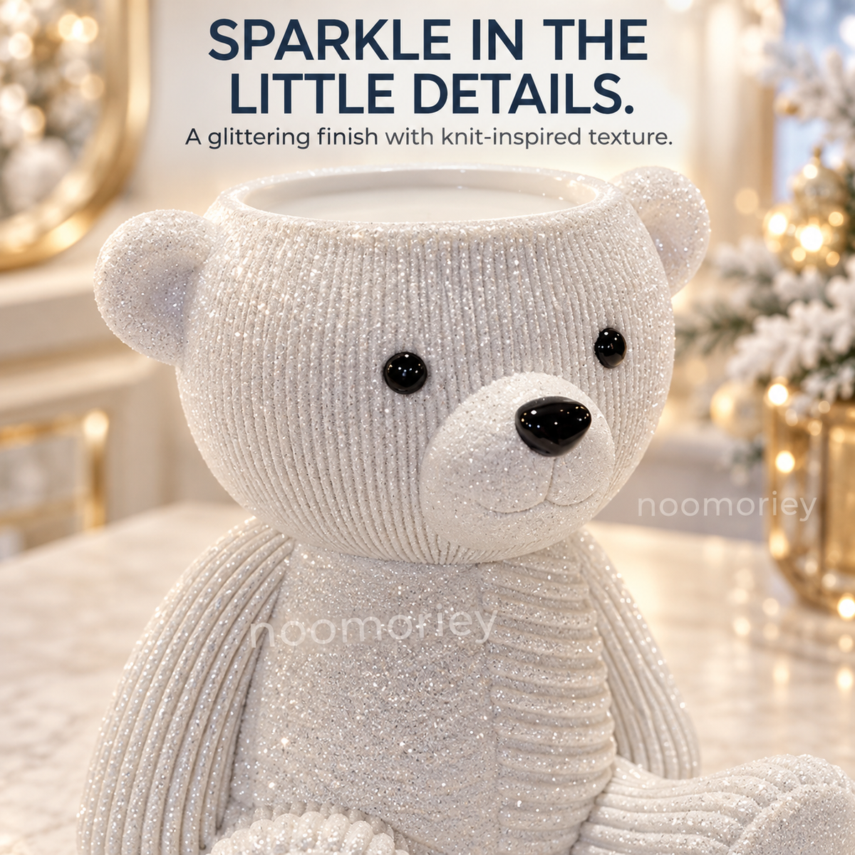 Glittery Teddy Bear Candle Holder, Cute Winter Christmas Decor