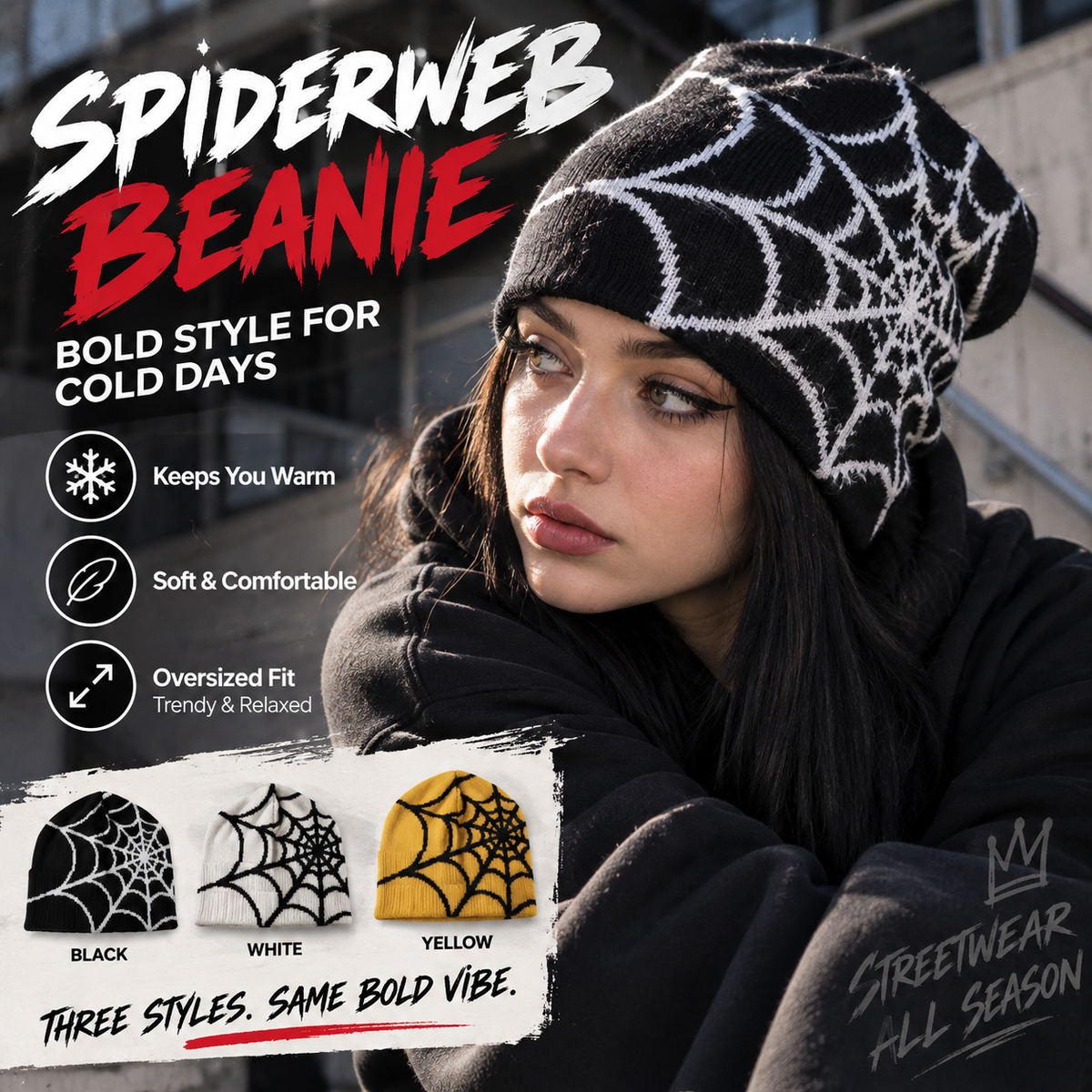 🕸️Oversized Spiderweb Knit Beanie – Bold Contrast Streetwear Winter Hat