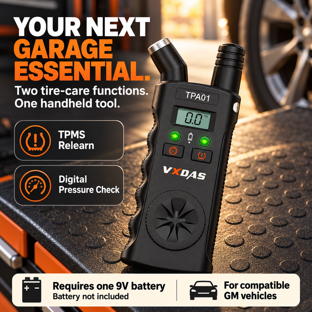 Black tire-care tool with a 9V battery requirement, battery not included