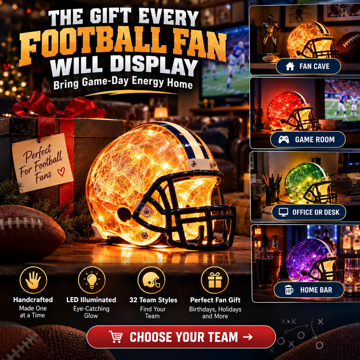 🏈 Handmade Football Helmet Lamp – LED Team Fan Cave Light with 32 Team Styles！！！